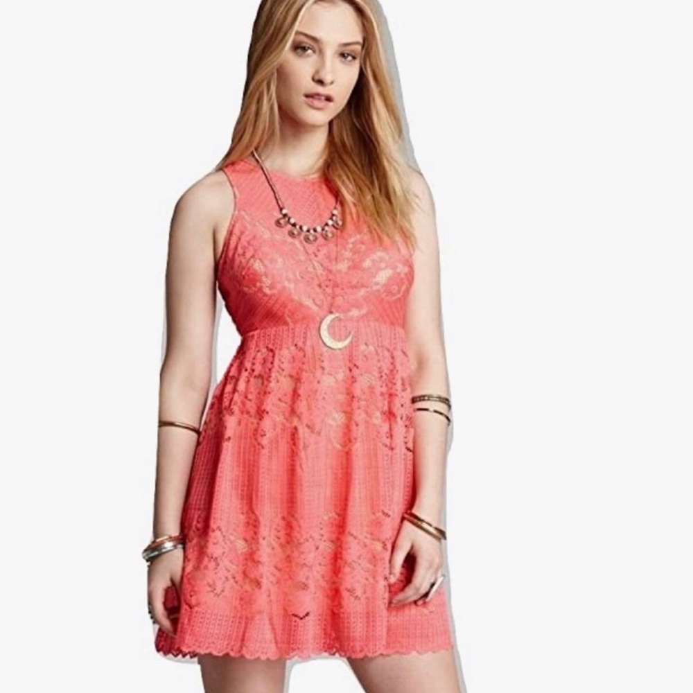 Free People Rocco Lace Coral Open Back Mini Dress